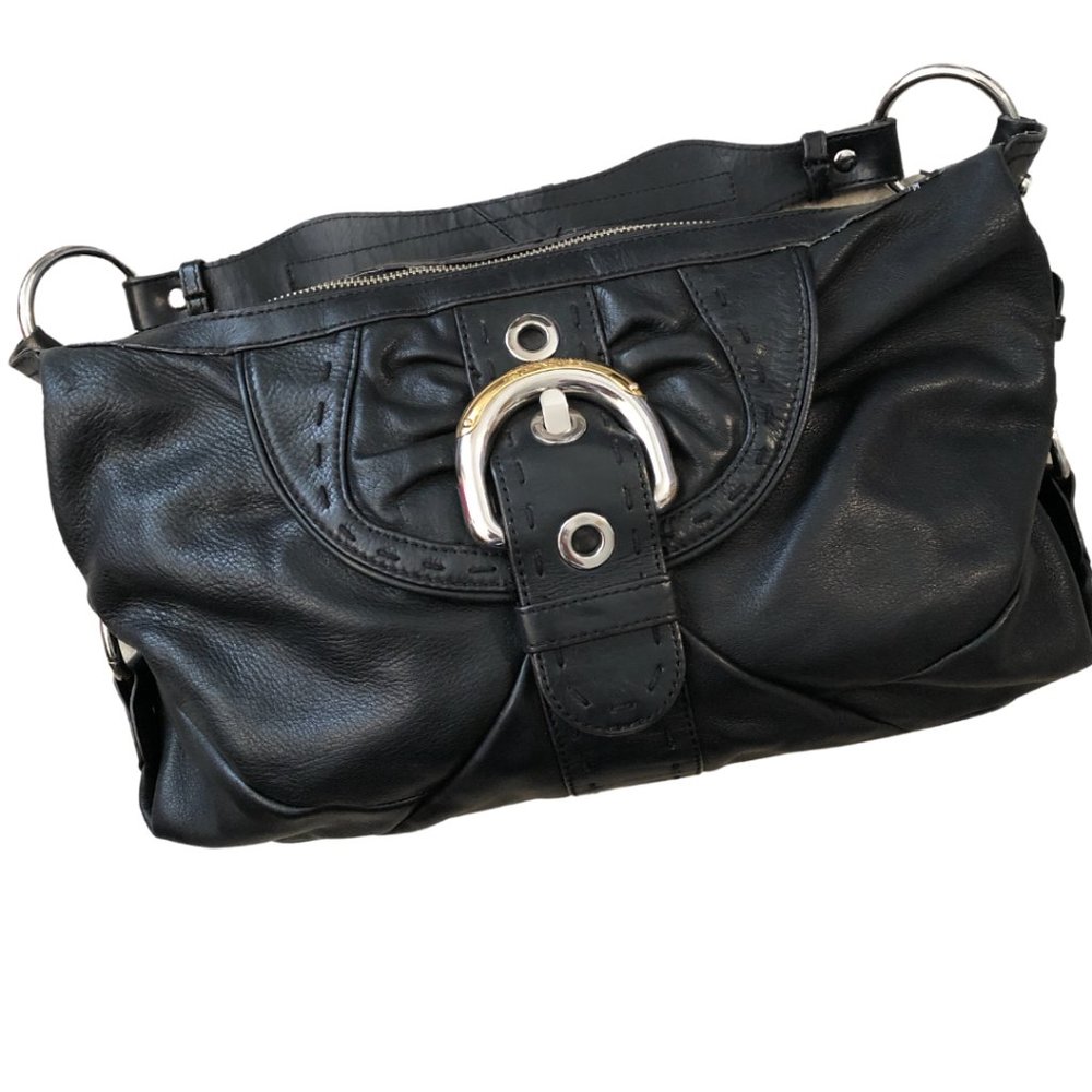 B Makowsky Black Leather Front Buckle Hobo Satchel